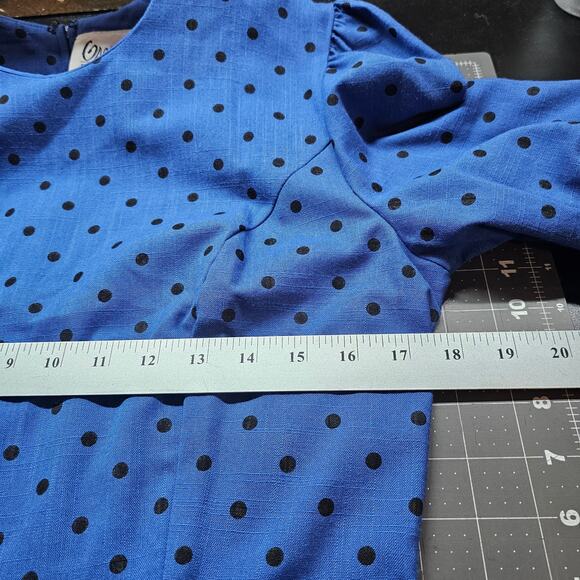 Vintage Peplum Dress Womens Small Blue Polka Dot 80s Glam Rock Retro Pinup Bow - Picture 9 of 14